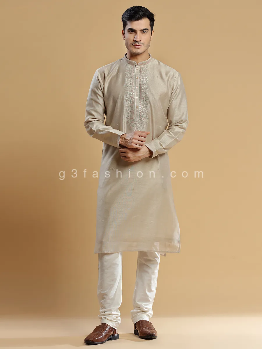 Festive look beige silk men kurta suit