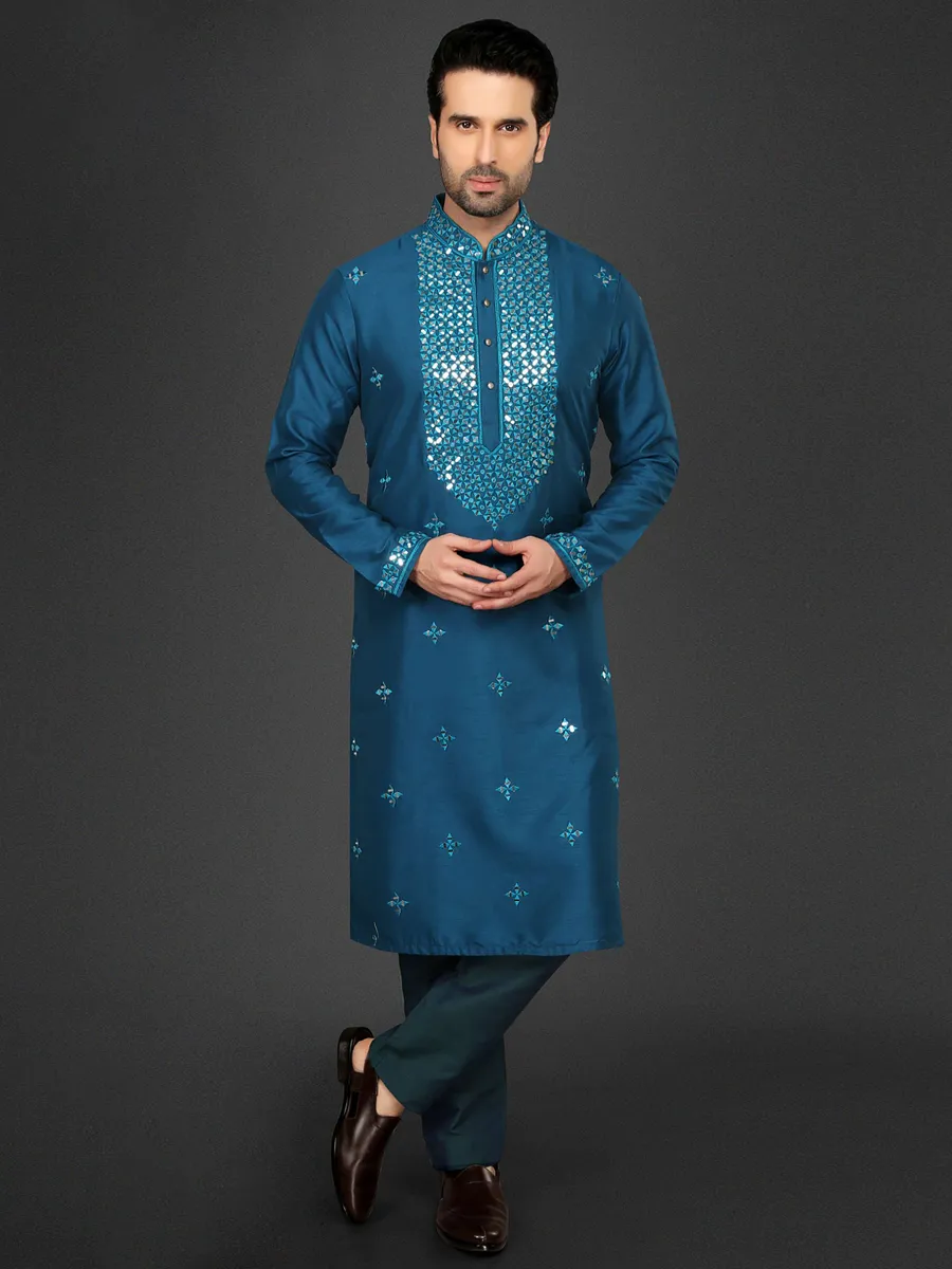 Festive look rama blue cotton silk  Men Kurta pajama