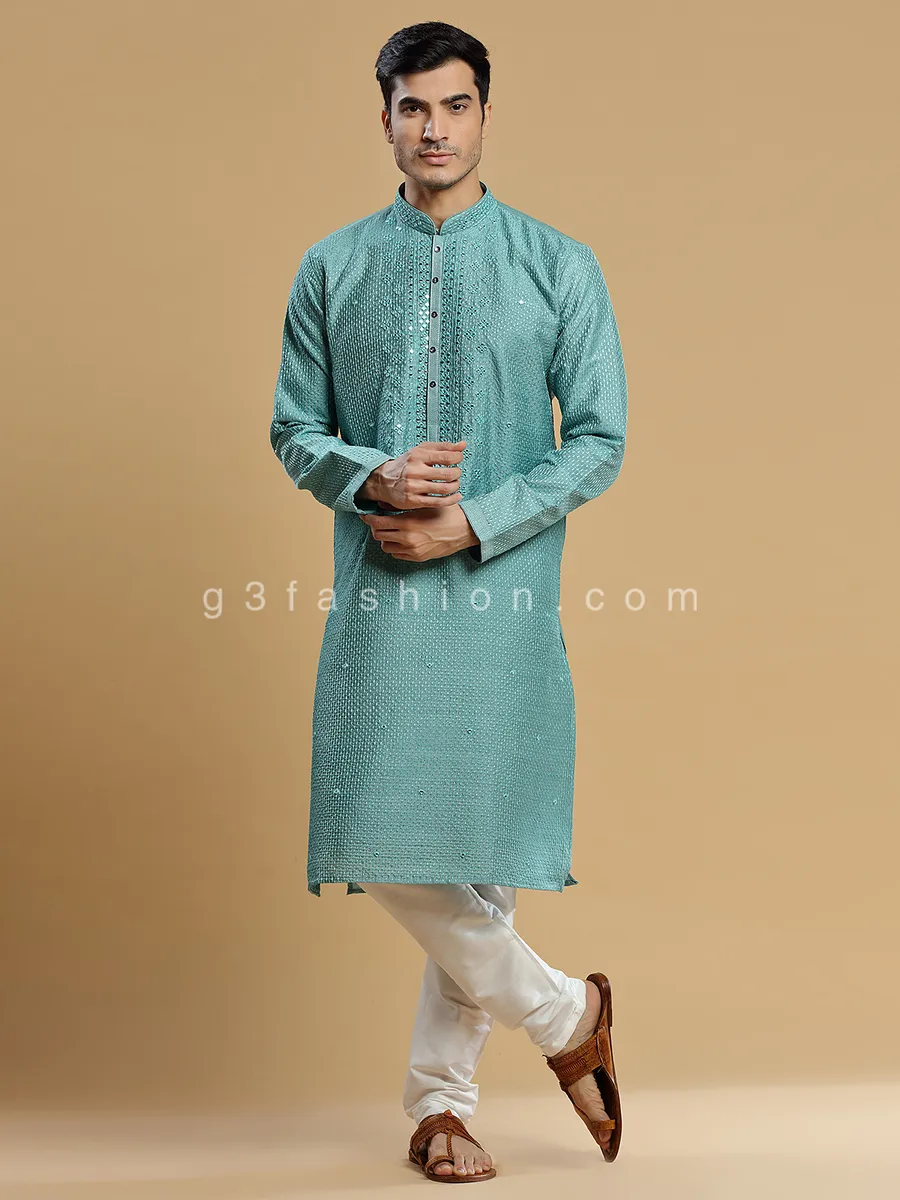 Festive look teal blue silk kurta suit