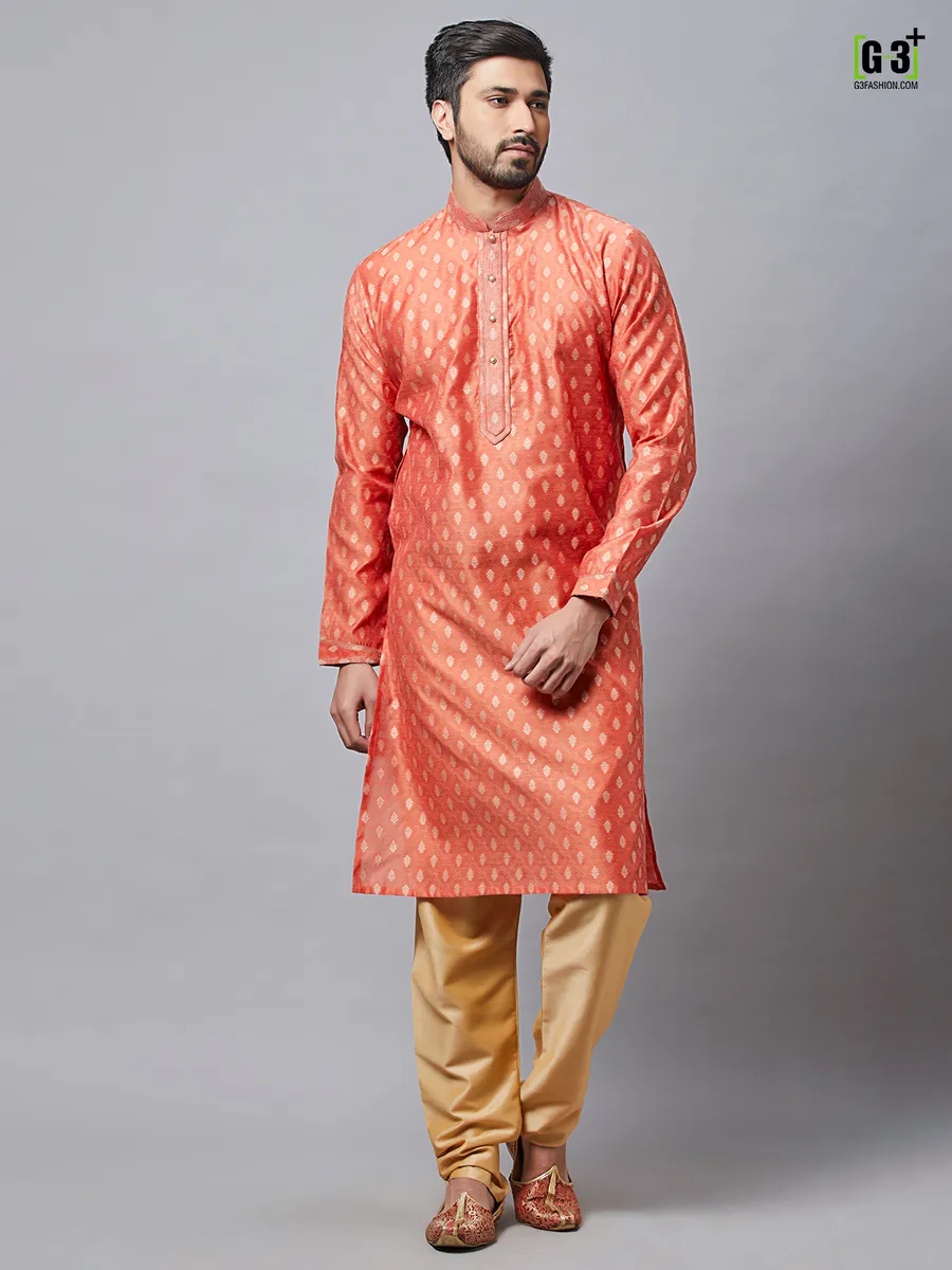 Festive rust orange cotton silk kurta for mens