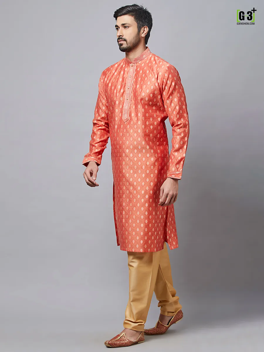 Festive rust orange cotton silk kurta for mens