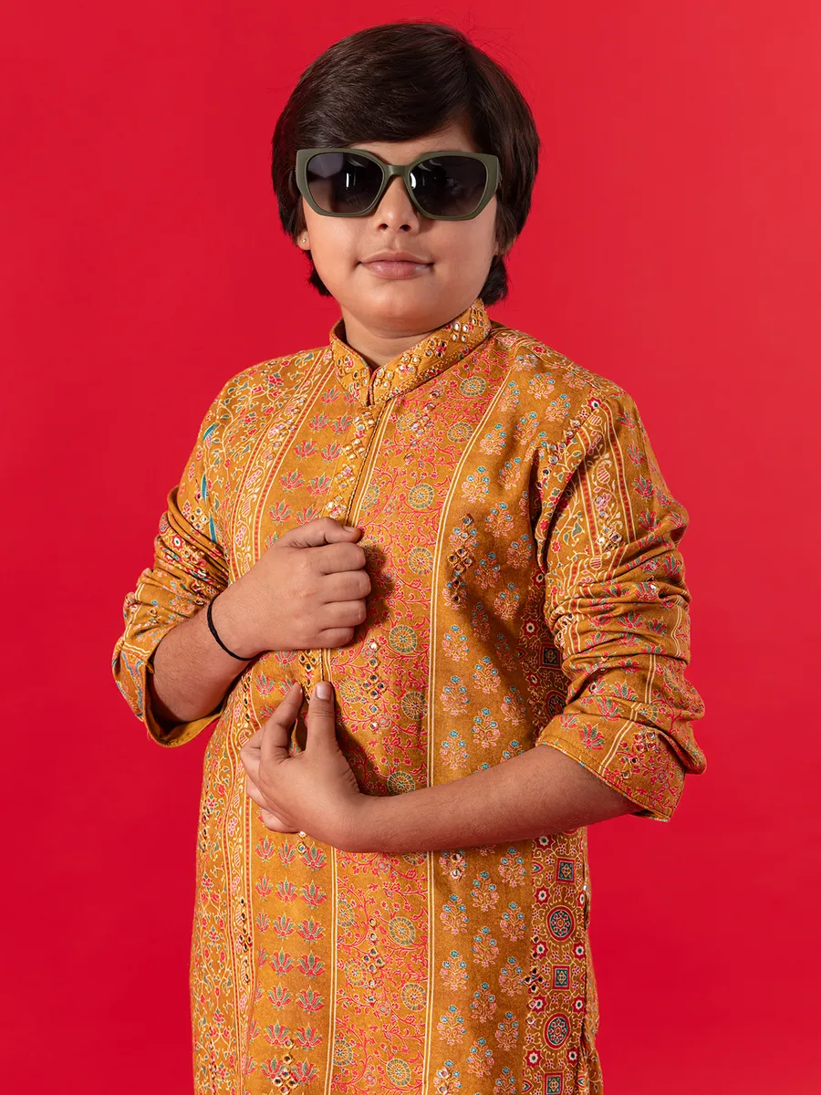 Festive style mustard kurta suit for boys