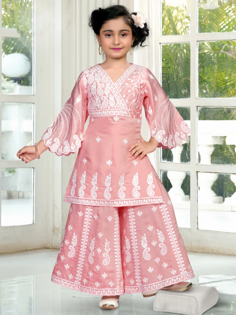 Festive style peach silk palazzo suit for girls