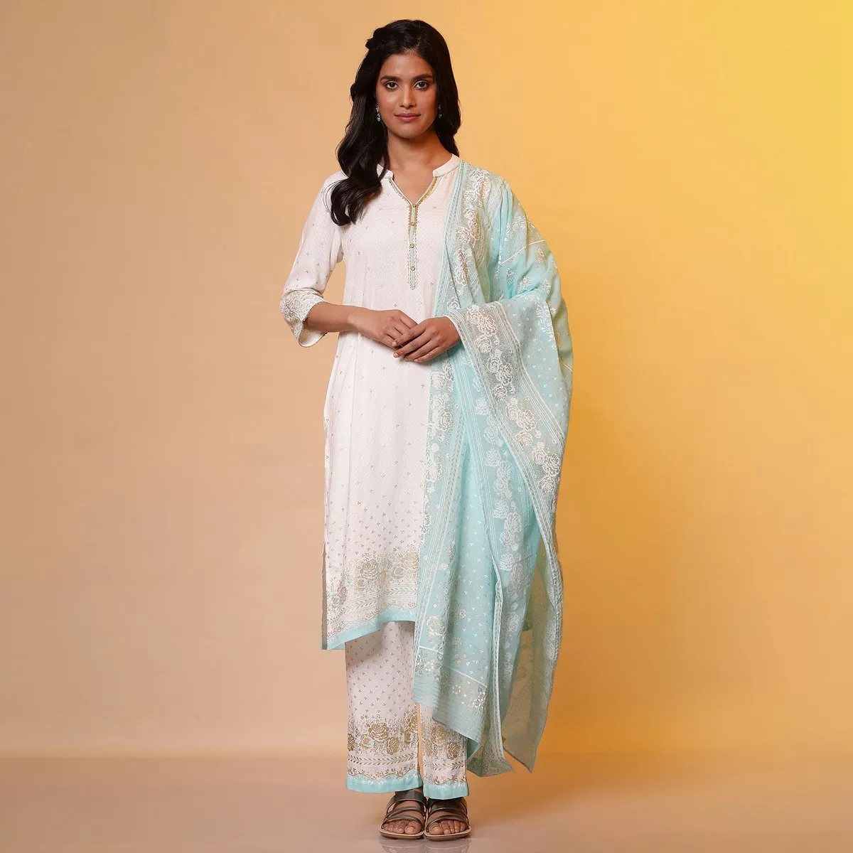Festive style white silk palazzo suit