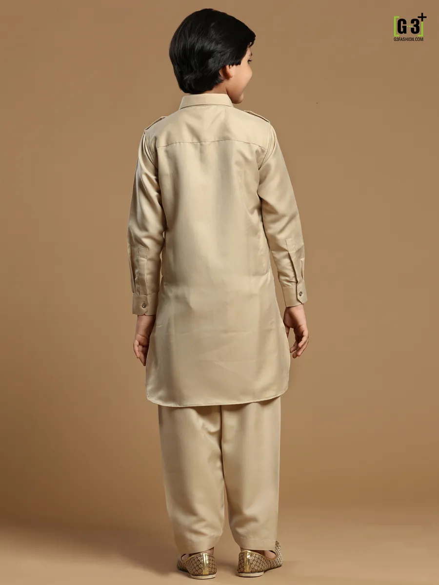 Festive wear beige plain cotton silk pathani suit