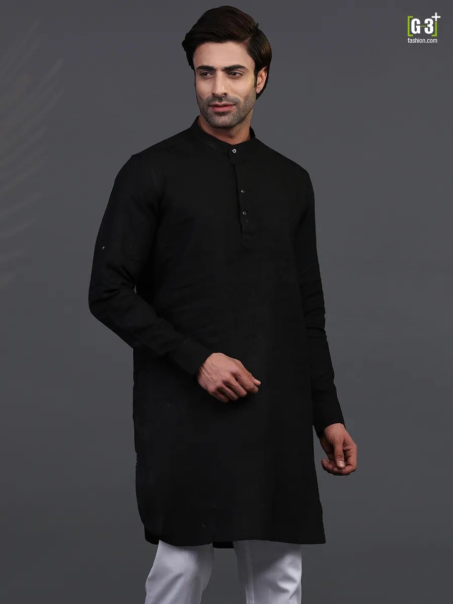 Festive wear black chinese collar mens kurta