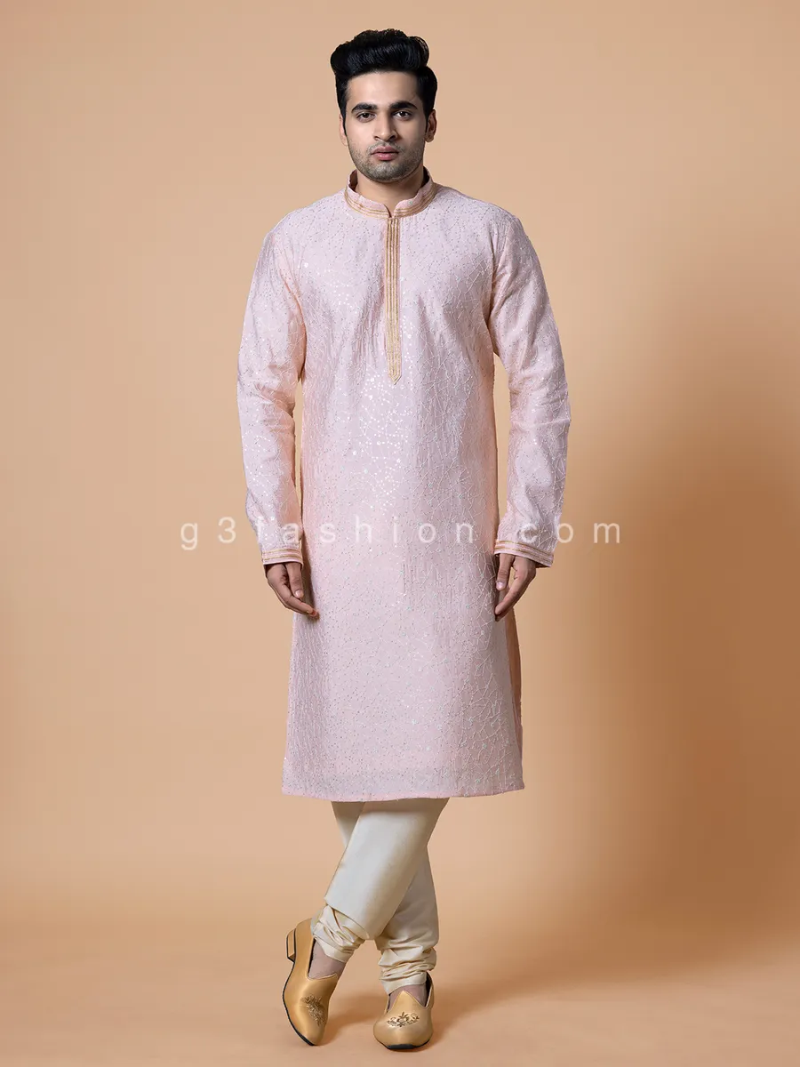 Festive wear light pink  Men Kurta pajama in silk