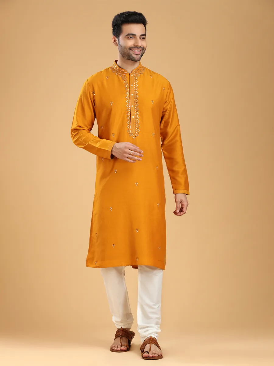 Festive wear mustard yellow silk  Men Kurta pajama