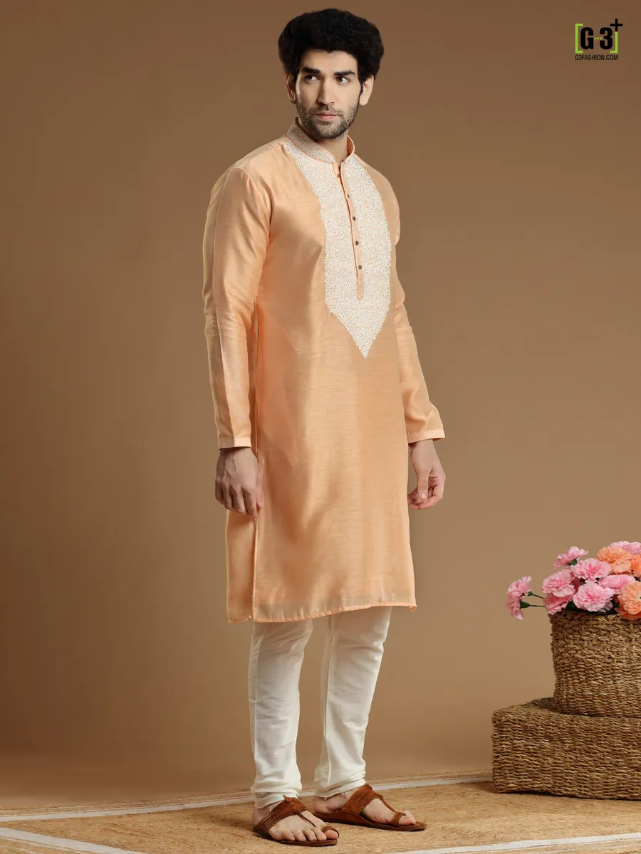 Festive wear peach color silk  Men Kurta pajama