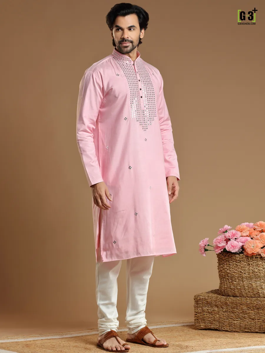 Festive wear pink  Men Kurta pajama in cotton silk