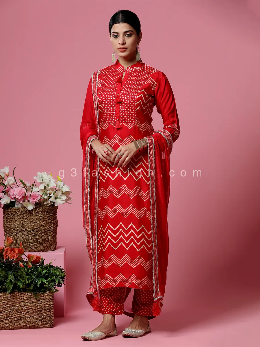 Festive wear red satin silk pant suit