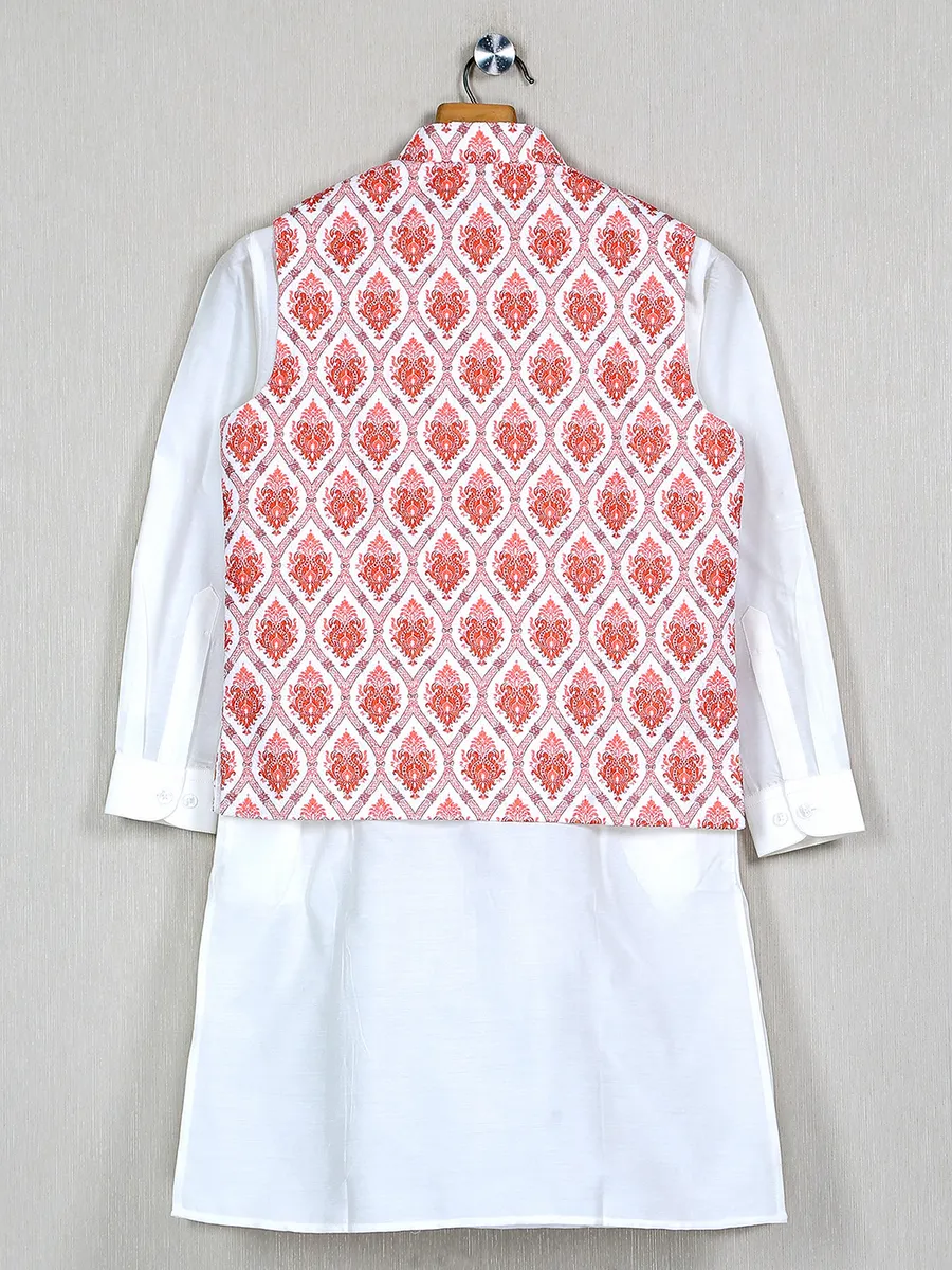 Festive wear white and orange printed boys waistcoat set