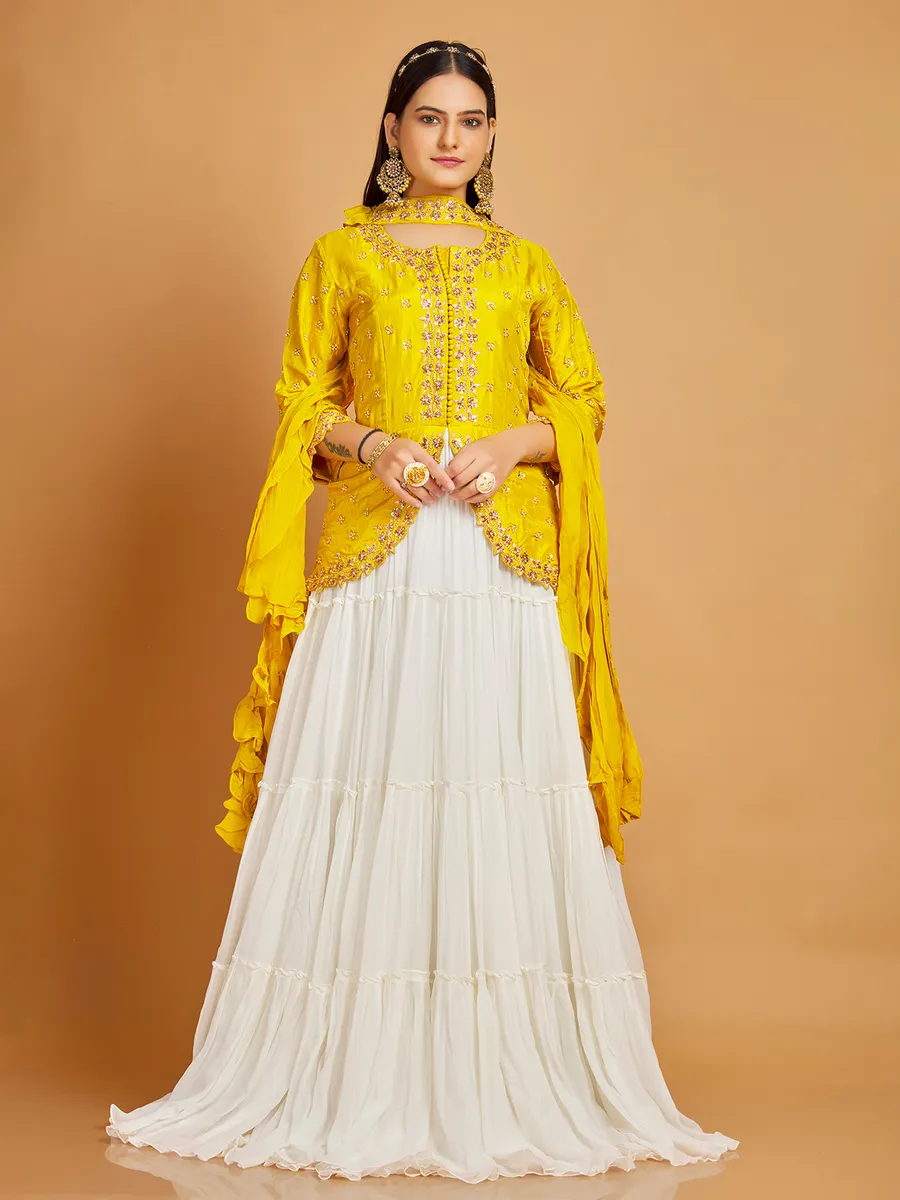 Floor length suit in yellow and white