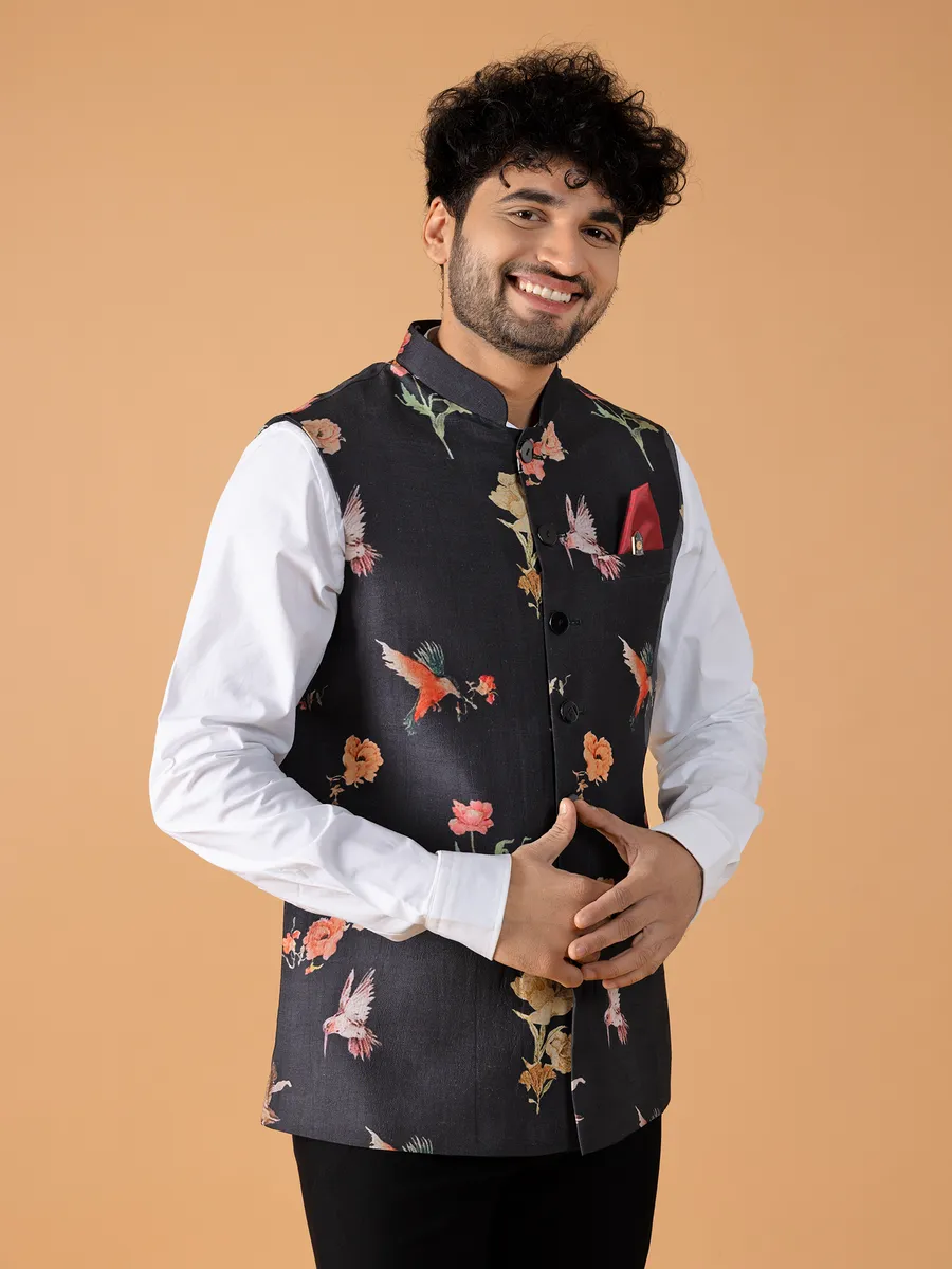 Floral printed black waistcoat