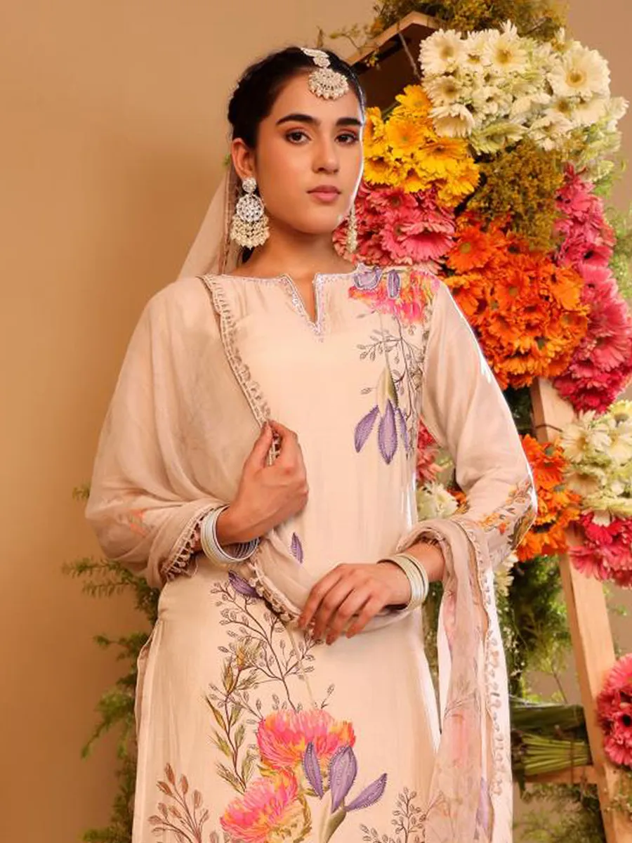 Floral printed cream silk salwar suit