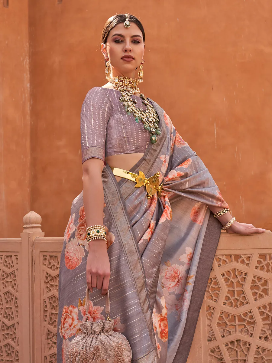 Floral printed light grey silk saree