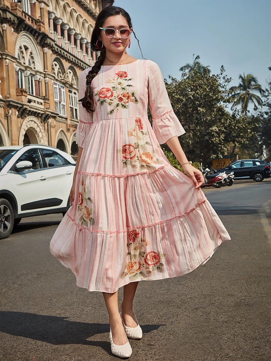 Floral printed light pink cotton kurti