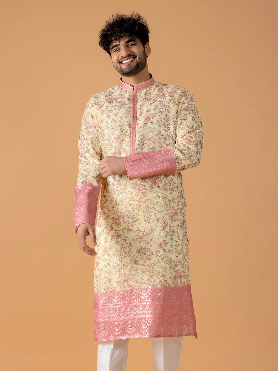 Floral printed light yellow kurta suit