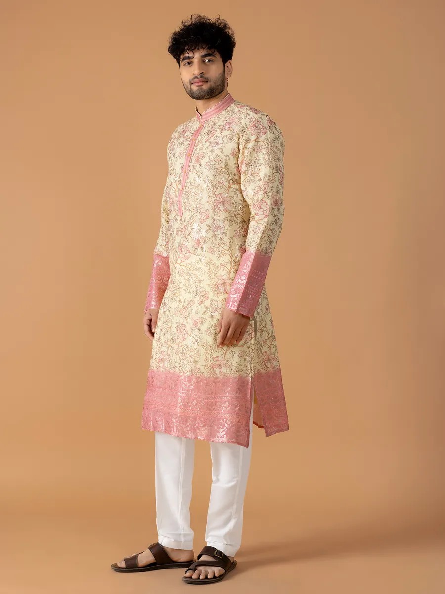 Floral printed light yellow kurta suit