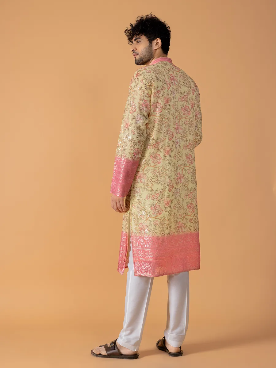 Floral printed light yellow kurta suit