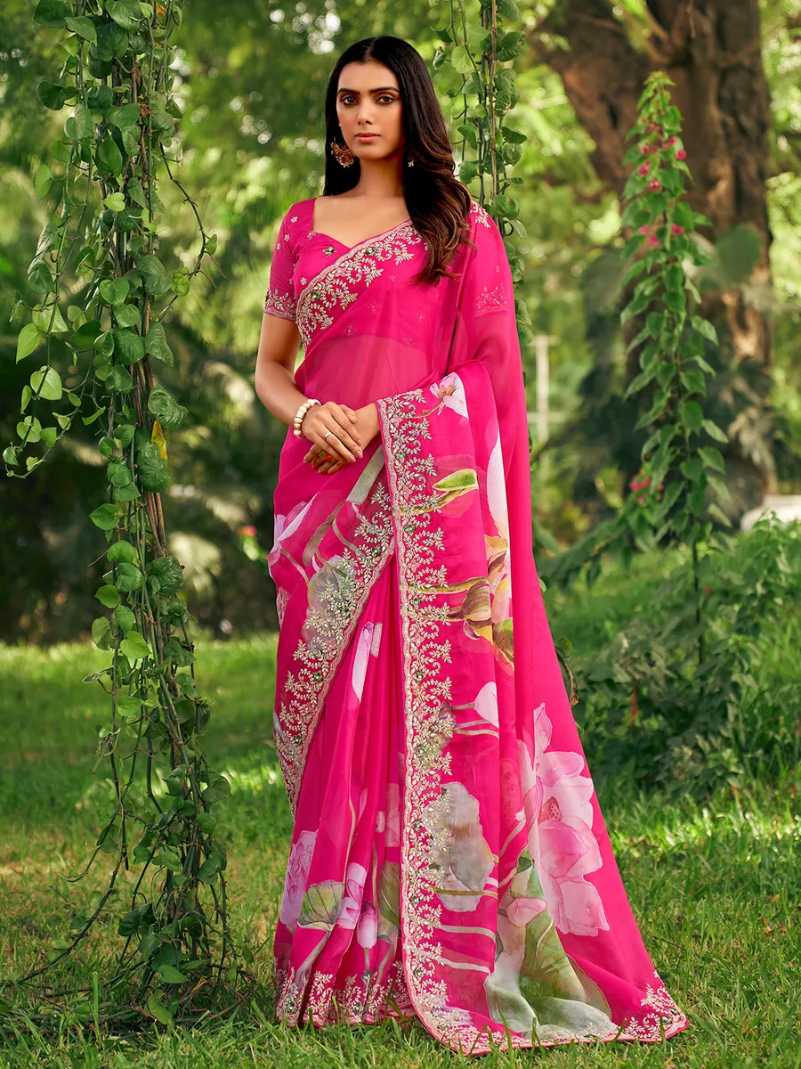 Floral printed magenta satin saree