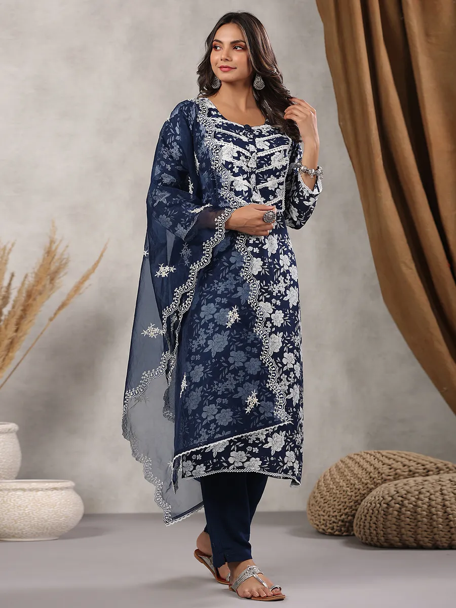 Floral printed navy silk kurti set