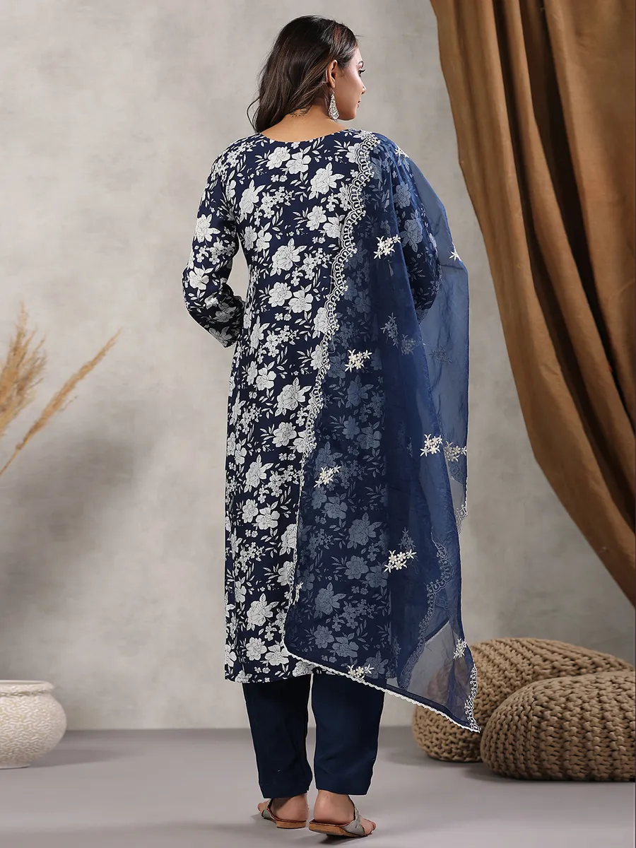 Floral printed navy silk kurti set