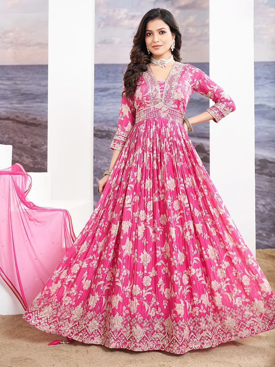 Floral printed pink anarkali suit in silk