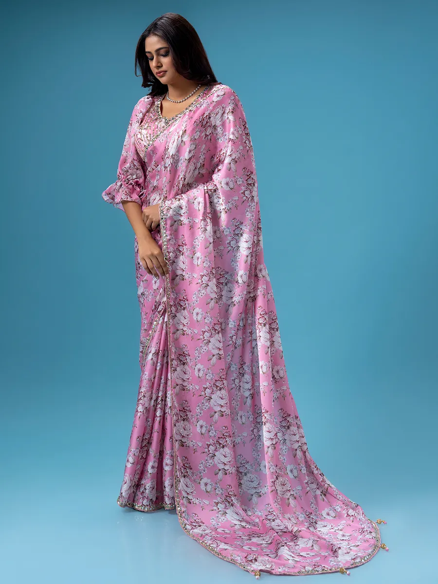 Floral printed pink mashru silk saree