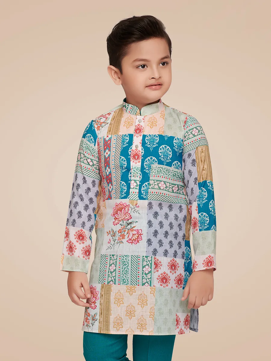 Floral printed rama blue cotton kurta suit