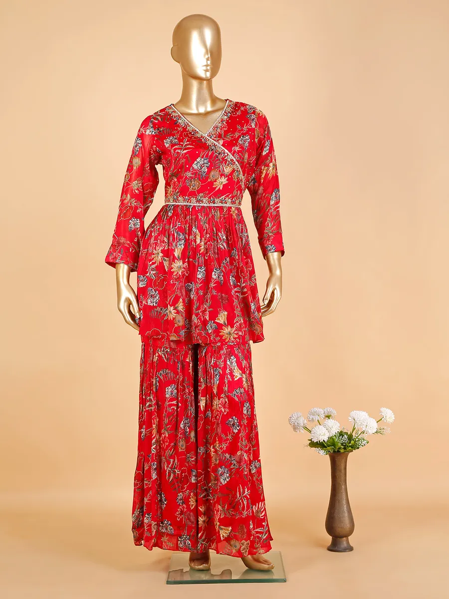 Floral printed red sharara suit with dupatta