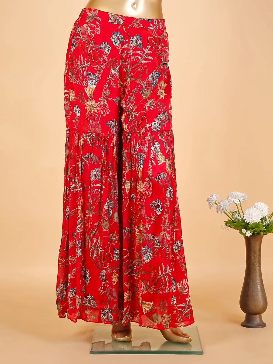 Floral printed red sharara suit with dupatta