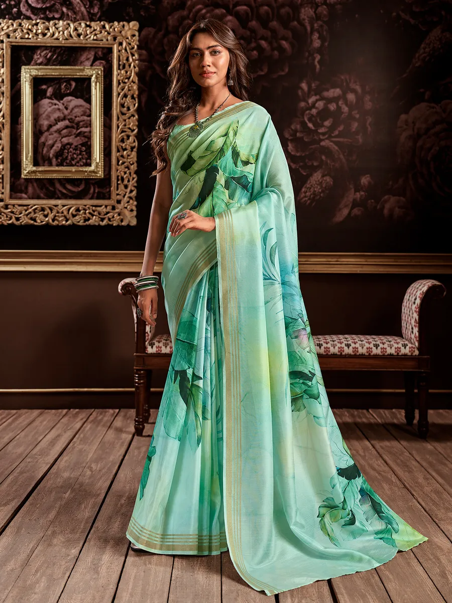 Floral printed sea green silk saree