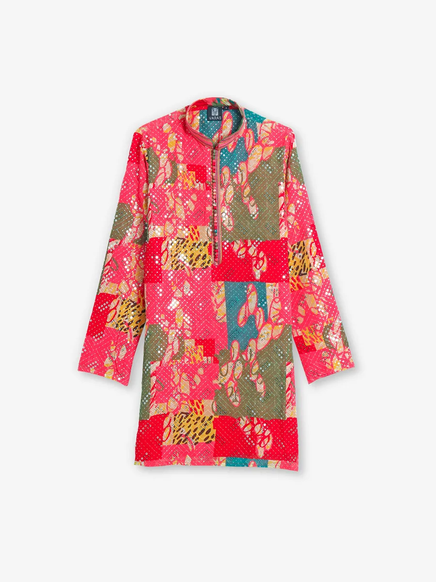 Floral printed silk pink kurta pajamaG3BKS2391 United States