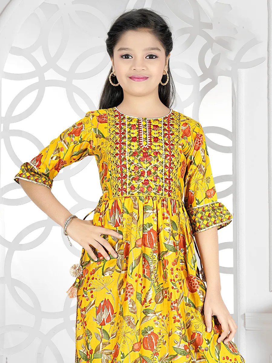 Floral printed yellow cotton palazzo suit