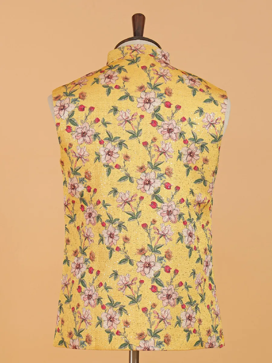 Floral printed yellow cotton silk waistcoat