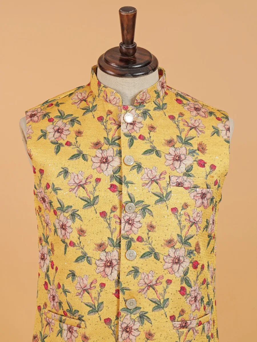 Floral printed yellow cotton silk waistcoat