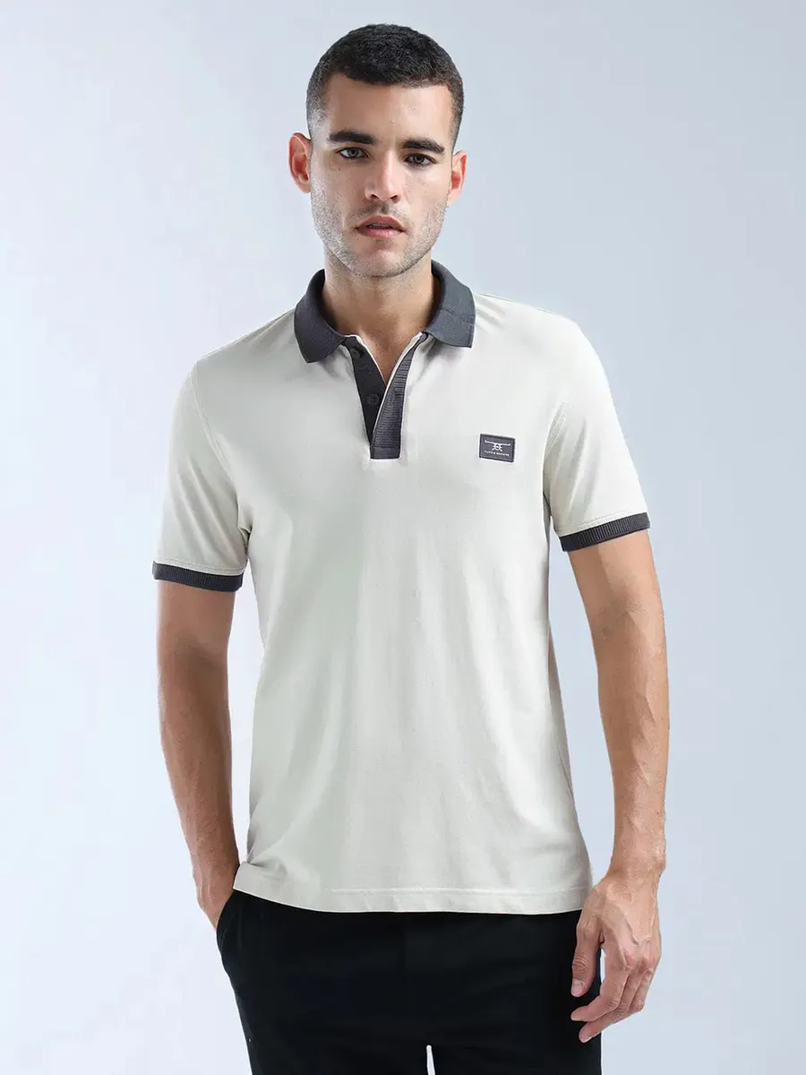 FLYING MACHINE beige plain cotton polo t-shirt