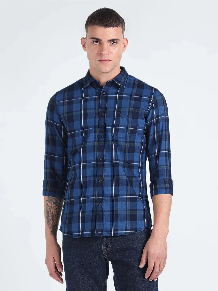 Flying Machine blue and black cotton shirt