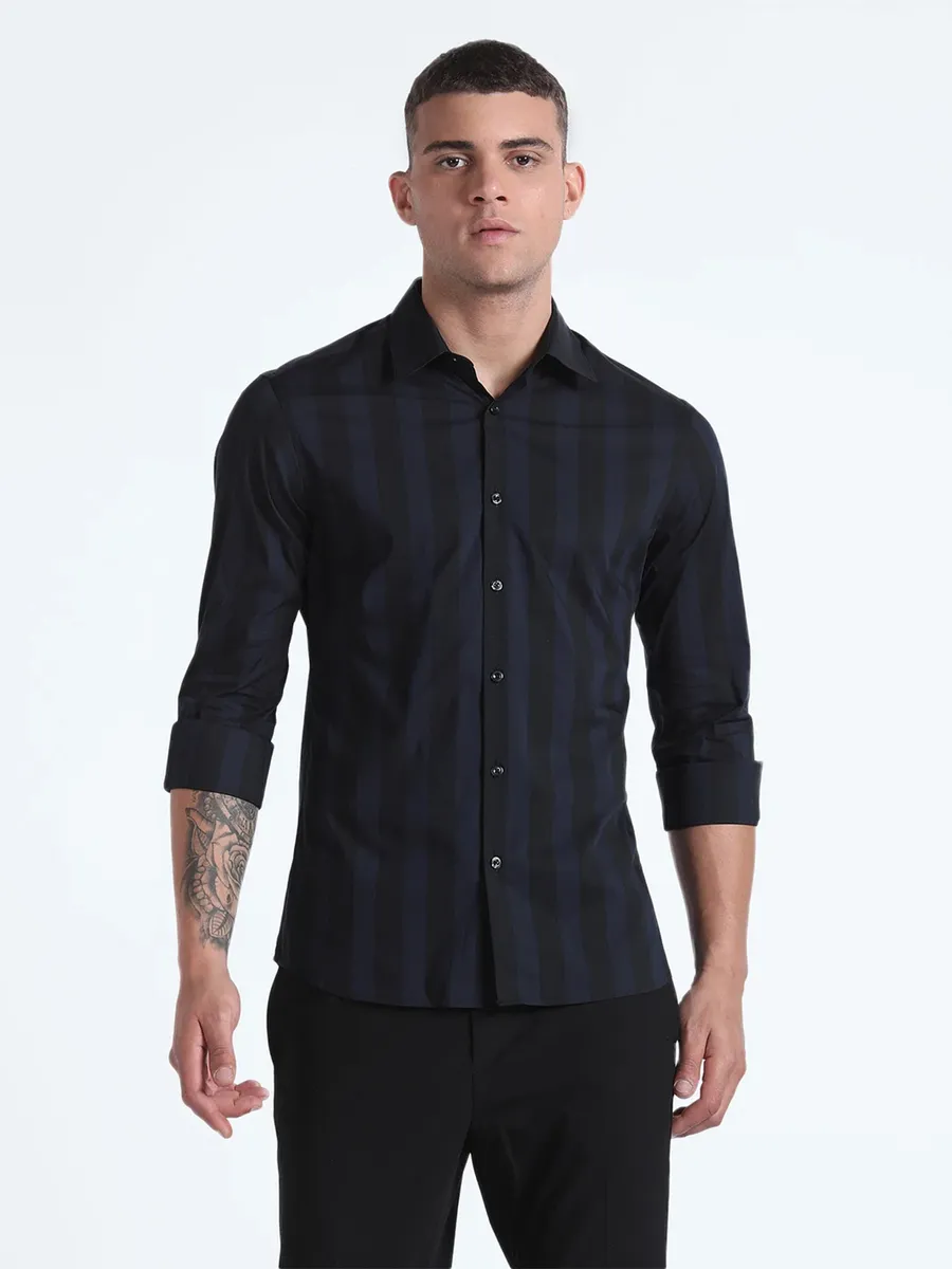 Flying Machine navy and black stripe shirt