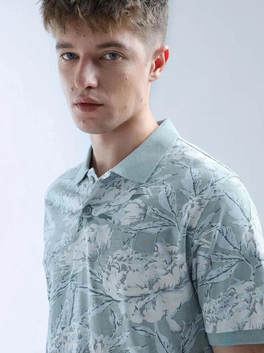 FLYING MACHINE stone blue floral printed polo t-shirt