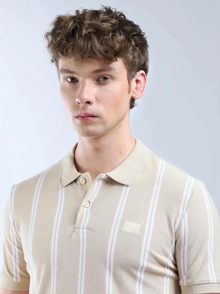 FLYING MACHINE striped beige cotton polo t-shirt