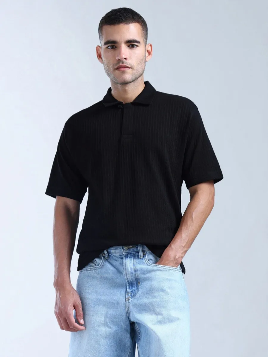 FLYING MACHINE textured black slim fit polo t-shirt