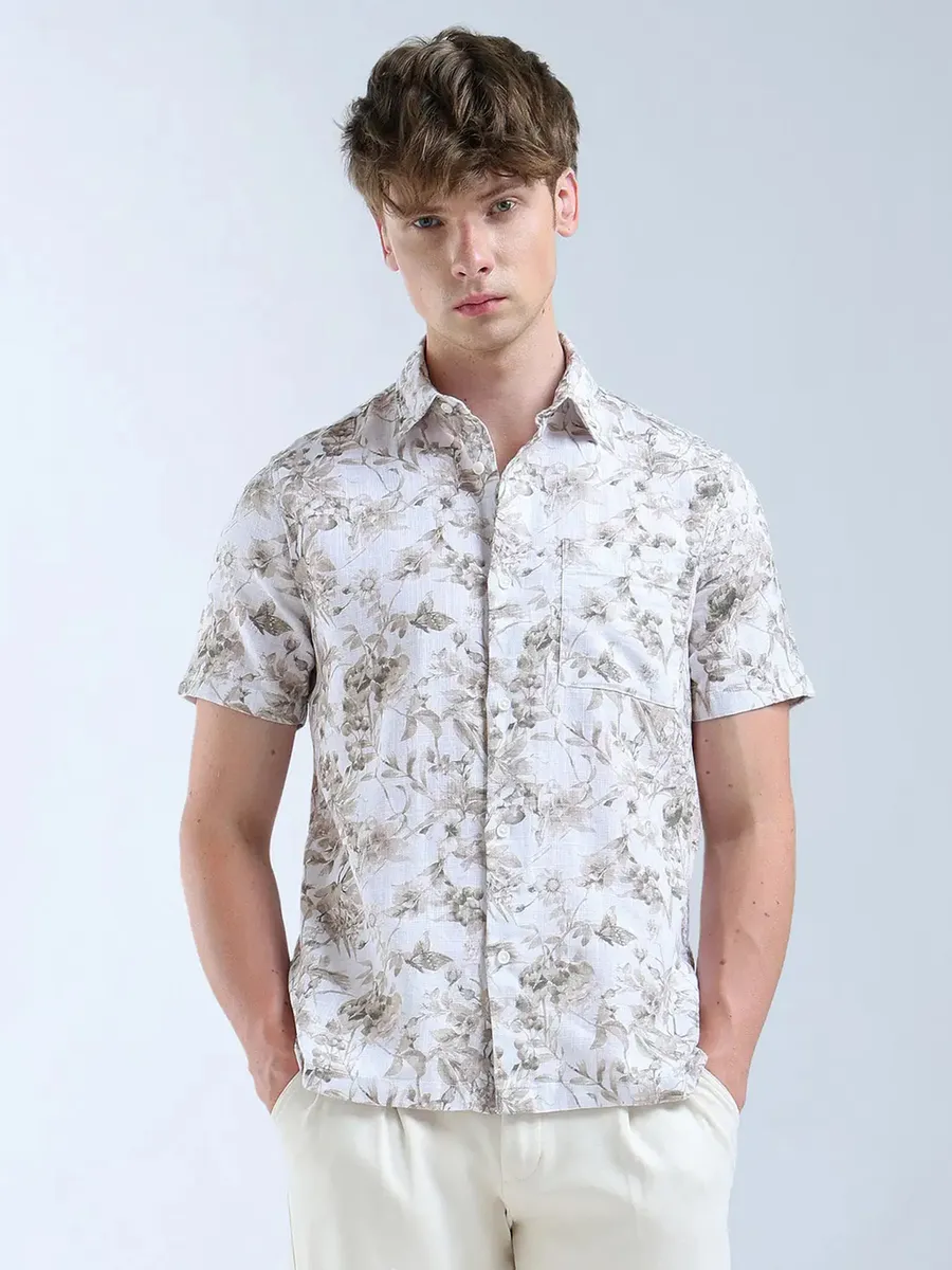 FLYING MACHINE white and beige printed casual shirt