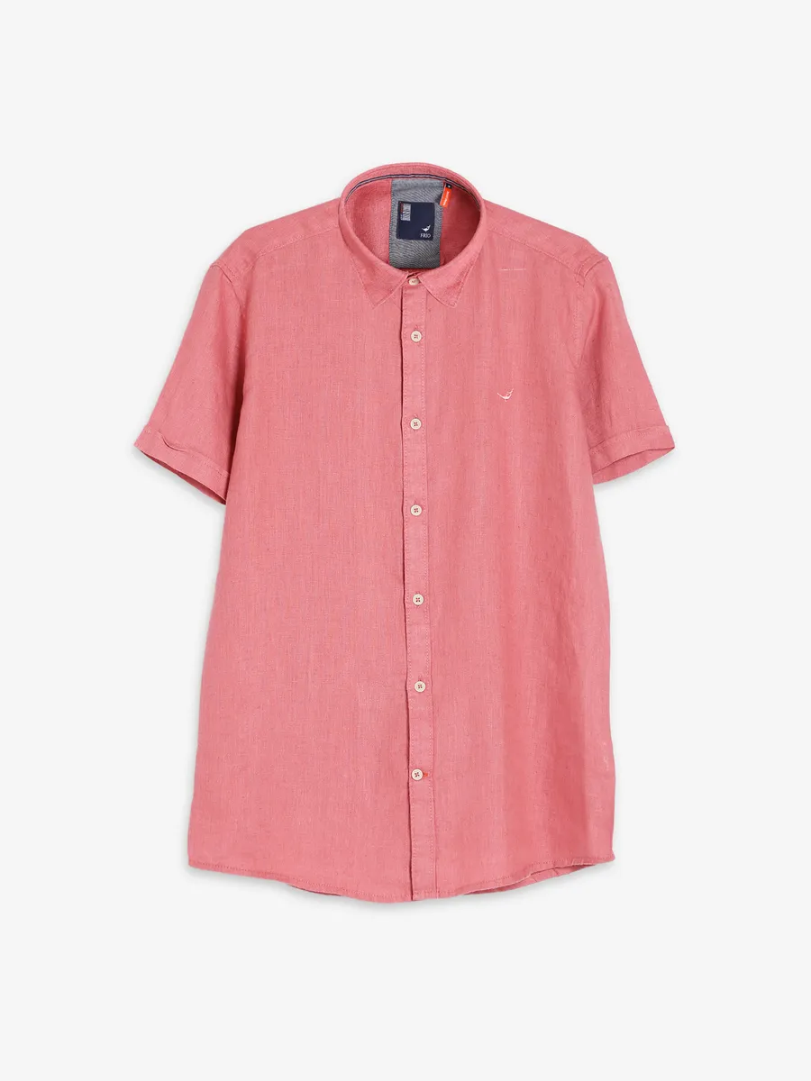 Frio coral pink plain linen shirt