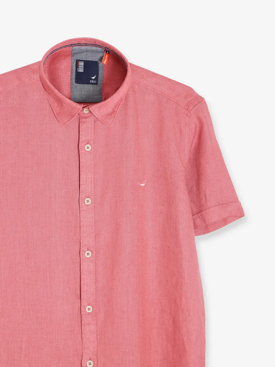 Frio coral pink plain linen shirt