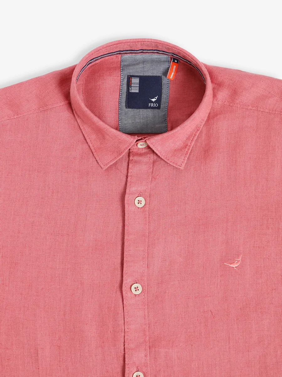 Frio coral pink plain linen shirt