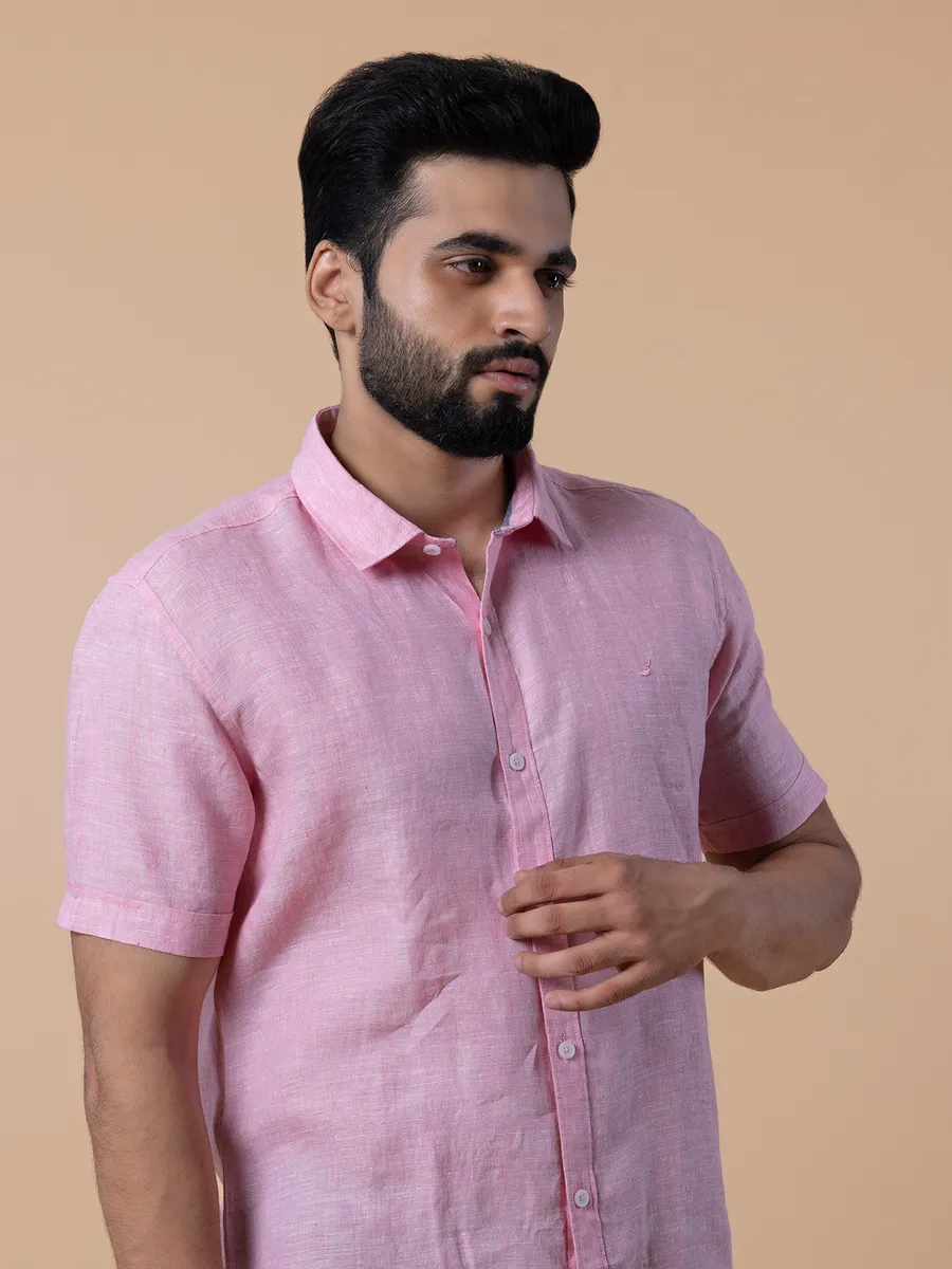 Frio plain linen light pink half sleeves shirt