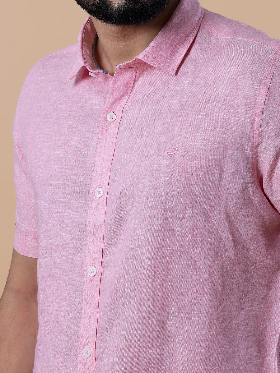 Frio plain linen light pink half sleeves shirt