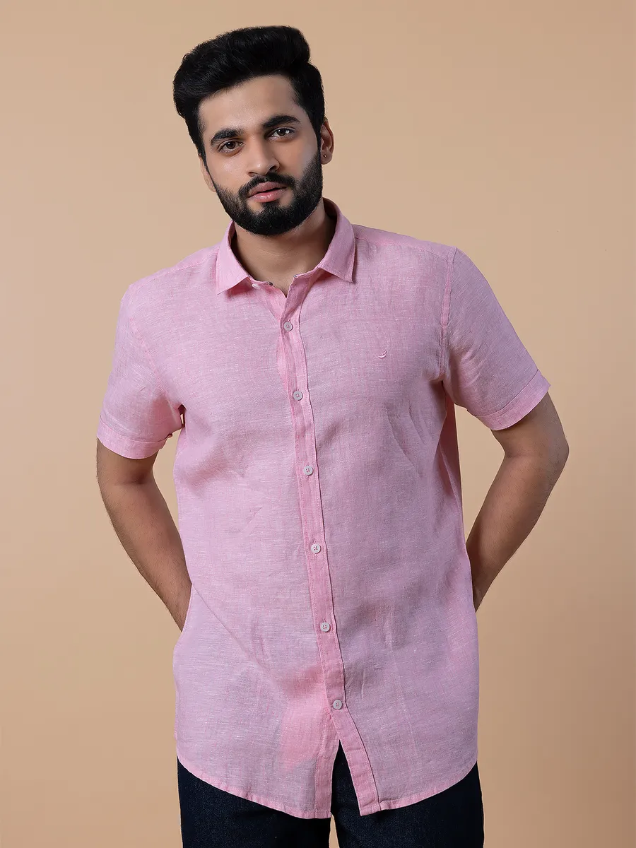 Frio plain linen light pink half sleeves shirt